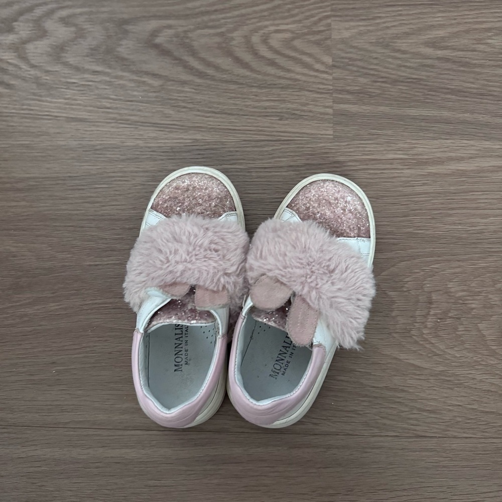 Monnalisa Pink Faux-Fur Glitter Kids Sneakers size 26 - Picture 2 of 13